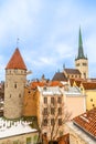 Old Tallinn town, view to the Stolting tower and Saint Olaf`s church Royalty Free Stock Photo