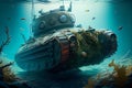 old tank wreck underwater. sunken military tank