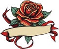 Old tattooing school colored icon with rose with ribbon for text vector illustration