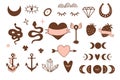 Old tattooing school colored icons set. Vintage tattoo logos. Brown pink shapes of snake, heart, anchor, moon phase Royalty Free Stock Photo