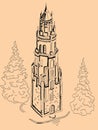 Vector illustration of the tower of the castle on the background of the forest Royalty Free Stock Photo