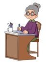 Old teacher, female, senior professor, university tutor at desk. Busy experienced elderly master