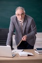 Old male teacher in front of blackboard