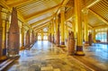 Old teak pillars in Lion Throne Hall, Kanbawzathadi Golden palace, Bago, Myanmar