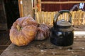 Old teapot and pumpkins on the table Royalty Free Stock Photo