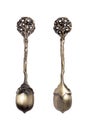 Old teaspoon with rich decorated handle in the form of an acorn and a growing oak isolated on white background.