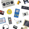 Old technology devices vector pattern. Illustration of old cassette tapes, computer, players and photo camera. Nostalgic Royalty Free Stock Photo