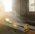 Old teddy bear in abandoned church Royalty Free Stock Photo