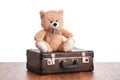 Old teddybear sitting on vintage suitcase