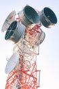 Old Telecommunication tower with dish antennas. Global connection and internet network concept Royalty Free Stock Photo
