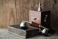 Old telephone and retro book on a wood