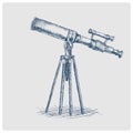 Old telescope hand drawn blue sketch raster