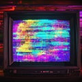 Retro television screen displaying vibrant static noise and colorful glitch patterns in a digital art style. Generative Royalty Free Stock Photo