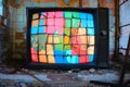 Old television set displaying a vibrant multicolored pixelated pattern on the screen, A broken TV screen with colorful pixelated Royalty Free Stock Photo