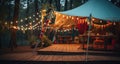 an old tent with lights hanging inside