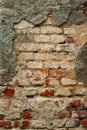 Old textured brick wall with peeling cement plaster. creative vertical background