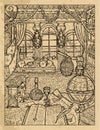 Old textured illustration of captain or sailor room with illuminator, furniture and nautical equipment indoors