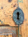 Old textured wooden door with rusty key lock hole