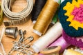 Old thread spools and sewing accessories Royalty Free Stock Photo