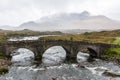Old three-arched stone bridge over the River Sligachan in the Isle of Skye in Scotland