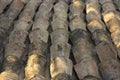 Old tiled roof arranged in parallel rows. Background. Selective focus