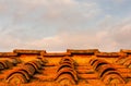 Old tiles roof background at sunset