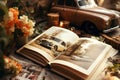 Old time retro car model and history book of motor vehicle on vintage table. Nostalgia concept