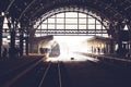 Old locomotive stopped at the station. Retro train on Vitebsky railway station in Saint-Petersburg, Russia, 25 february 2018