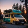 The old timer camper van is parked on the top of the hill between the pine trees...