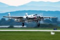 Old timer warbird at air base. Aviation and aircraft. Air defense. Military industry. Fly and flying