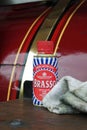 Old tin of Brasso and rag on a traction engine