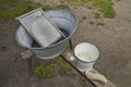 Old tin tub and utensils for washing clothes Royalty Free Stock Photo