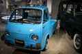 Detail of an old tiny blue pickup truck, it is a second generation Subaru Sambar 1966