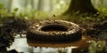 old tire in muddy water surrounded by greenery and mosquito hovering above Royalty Free Stock Photo