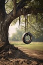 old tire swing hanging from a tree branch in rural setting Royalty Free Stock Photo