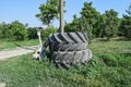 Old tire tread tire wheel of the old large tractor Royalty Free Stock Photo