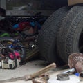 Old tires on a garage