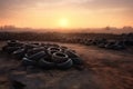 Old tires heap on dirt field. Generate ai