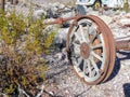Old tires with metal Wagon wheel spikes in the desert in Arizona in a deserted ghost mining town.