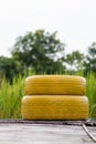Old tires that are used to make chairs for beautiful views and can also help reduce the waste from tires that are discarded in Royalty Free Stock Photo
