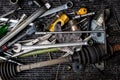 Old tools on floor in workshop, Tool in vintage garage style. Flat lay Old hand tools ,Pliers screwdriver wrench rusted iron metal Royalty Free Stock Photo