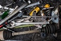 Old tools on floor in workshop, Tool in vintage garage style. Flat lay Old hand tools ,Pliers screwdriver wrench rusted iron metal Royalty Free Stock Photo