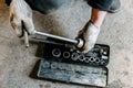 Old tools in hands for auto Royalty Free Stock Photo