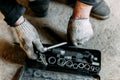 Old tools in hands for auto Royalty Free Stock Photo