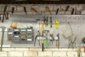 Old tools hanging on wall in metalwork workshop , Tool shelf aga Royalty Free Stock Photo