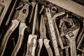 Old tools on a metallic background Royalty Free Stock Photo