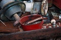 Old Tools, Parts, Electric Power Pole Insulators on a Steel Workbench Royalty Free Stock Photo