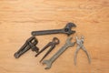 Old tools. Pliers, pliers, manual vice, wrench, adjustable wrench