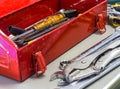 Old tools and red tool box Royalty Free Stock Photo