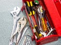 Old tools and red tool box Royalty Free Stock Photo